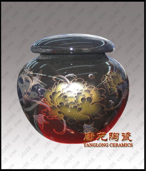 供应红釉金牡丹园形茶叶罐 景德镇陶瓷茶叶罐 陶瓷礼品定做