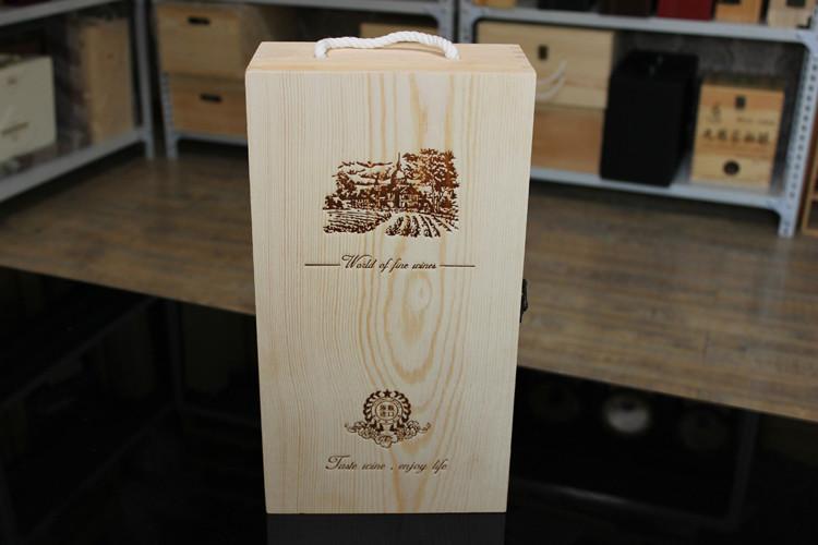 供应双支红酒木盒现货，山东双只红酒包装盒厂家加工定做松木酒盒图片
