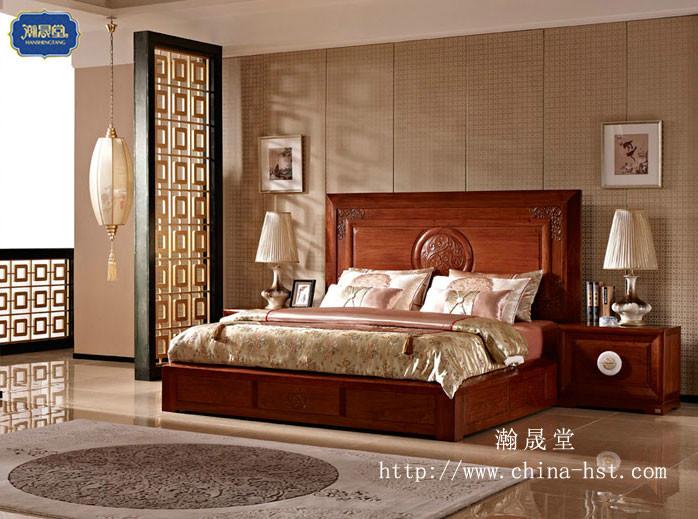瀚晟堂红木家具-鼎晟祥瑞红木床，新中式床，大果紫檀床