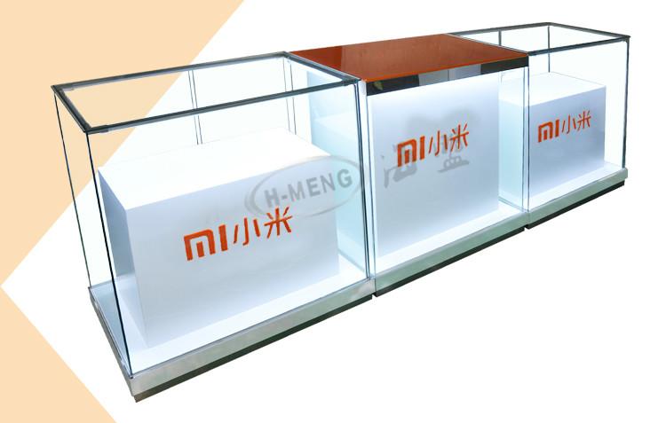 供应最新款小米手机展示柜台组合玻璃柜厂家定制台面小米橙色烤漆玻璃！