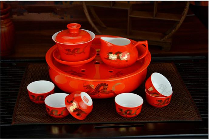 中国红瓷金龙功夫茶具九件套批发