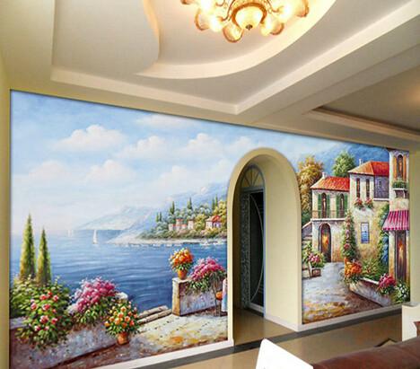 供应深圳欧式风景画背景墙手绘,地中海背景墙体彩绘,墙绘效果设计