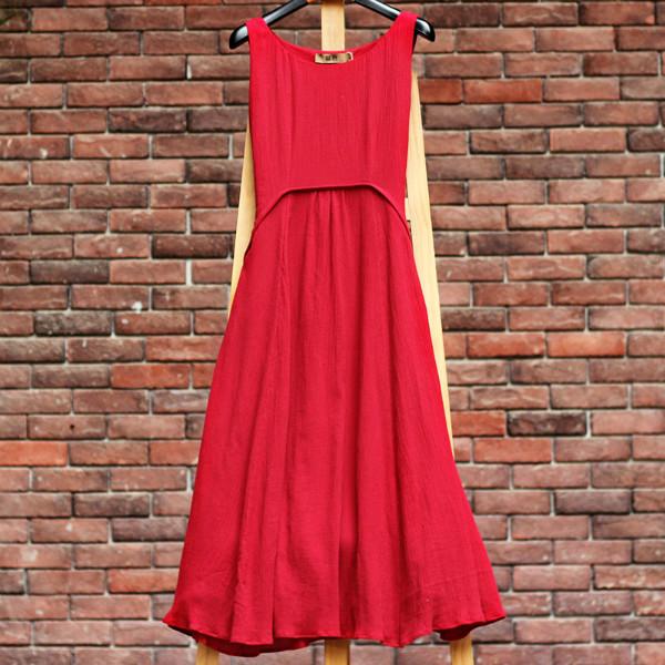 中式红色棉麻连衣裙森女风修身长裙批发