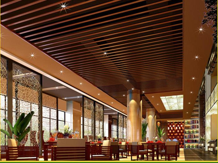 西餐廳吊頂木紋鋁方通酒店裝修木紋